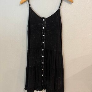 POL Mini Dress Womens Sm Black Acid Wash Lace Trim Tiered Button Down Grunge
